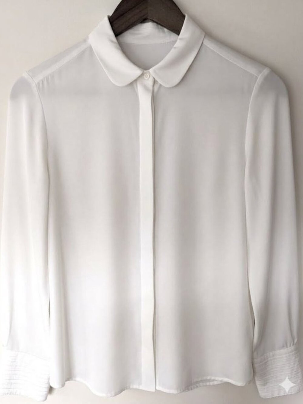 Silky White Button Front Blouse with Peter Pan Collar, Cuff Detail, Size XS